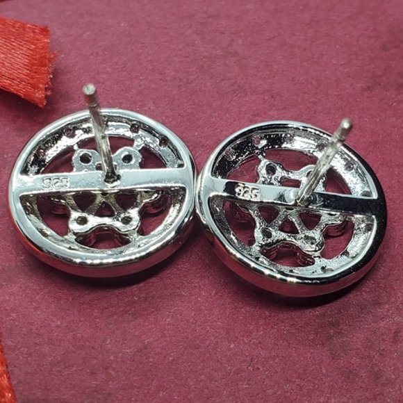 Sterling Silver 925 Rhodium Plated Round Helm Wheel CZ Stud Earrings - Picture 9 of 10